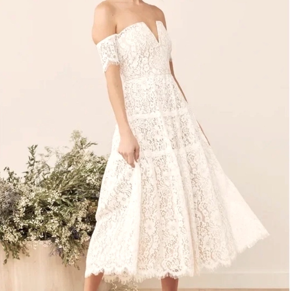 Lulus Absolutely Stunning White Lace Off-the-Shoulder Midi Dress Size XS